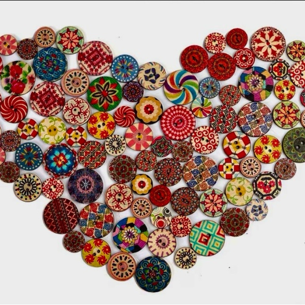 Vintage Style Wooden Colorful Boho Mandala Patterned Craft Buttons 100 pc